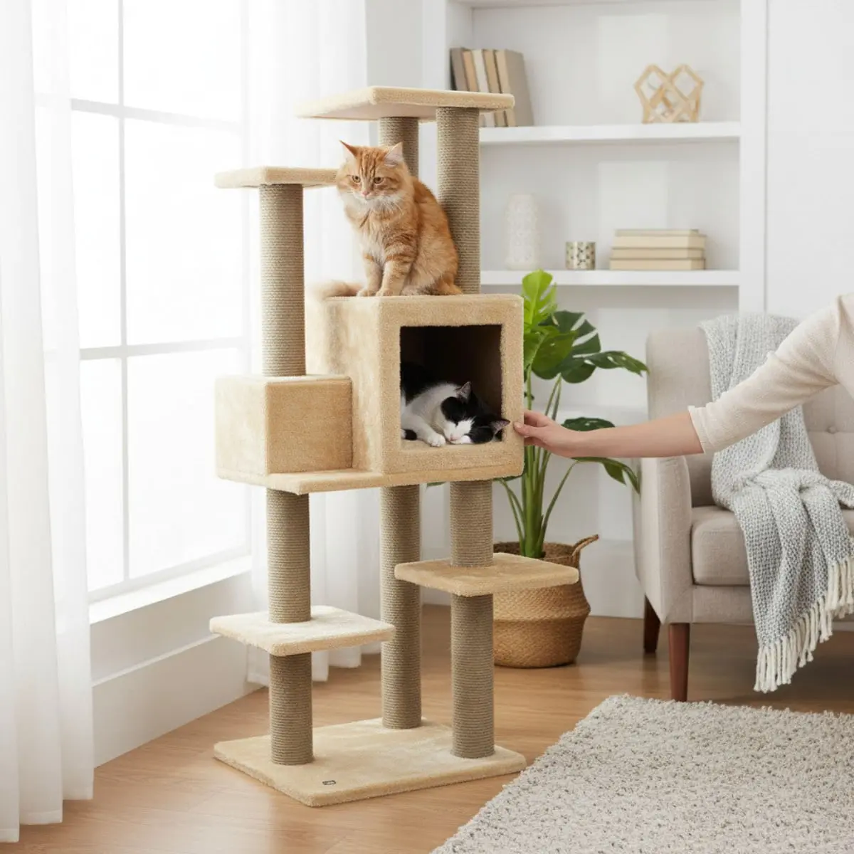 SHAW Zurih, ansamblu de joaca pisici, 7 etaje, 1 casuta, MDF si plus, elemente de zgariat, bej, 55x80x150cm - Image 4