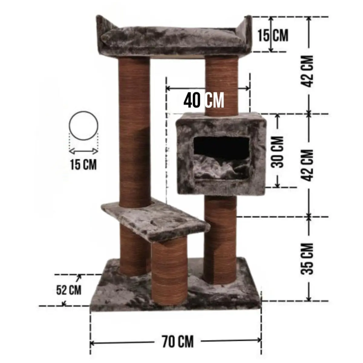 SHAW Toulouse, ansamblu de joaca pisici, 3 etaje, 1 casuta, MDF si plus, elemente de zgariat, maro, 70x70x120cm - Image 4