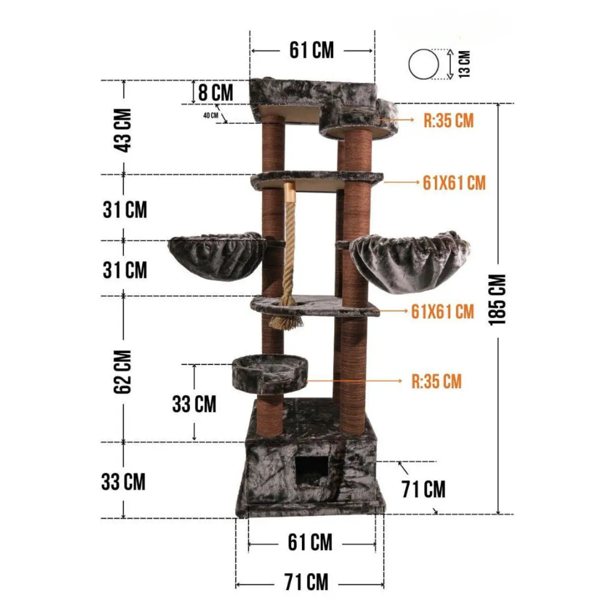 SHAW Lizbon, ansamblu de joaca pisici, 5 etaje, 1 casuta, MDF si plus, elemente de zgariat, elemente hamac, gri, 85x140x203cm - Image 4