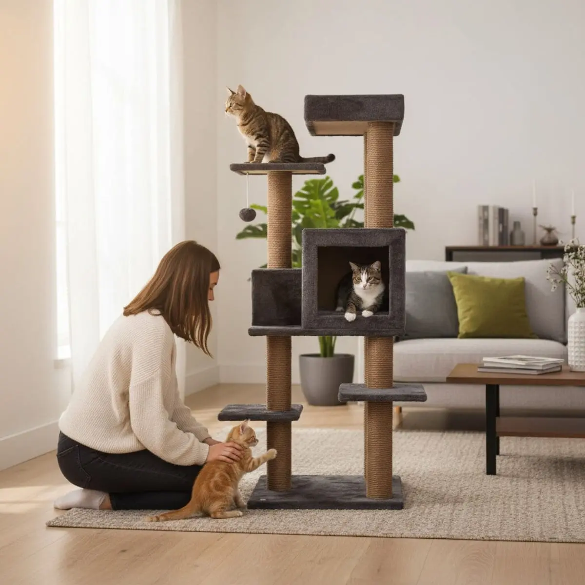 SHAW Zurih, ansamblu de joaca pisici, 7 etaje, 1 casuta, MDF si plus, elemente de zgariat, elemente atarnate, maro, 55x80x150cm - Image 4