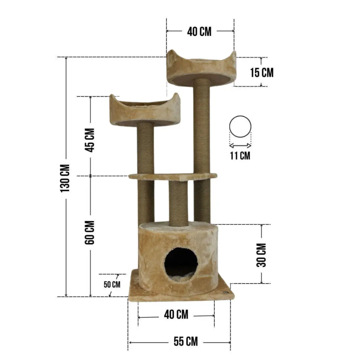 SHAW Warsaw, ansamblu de joaca pisici, 3 etaje, 1 casuta, MDF si plus, elemente de zgariat, bej, 65x80x130cm - Image 4