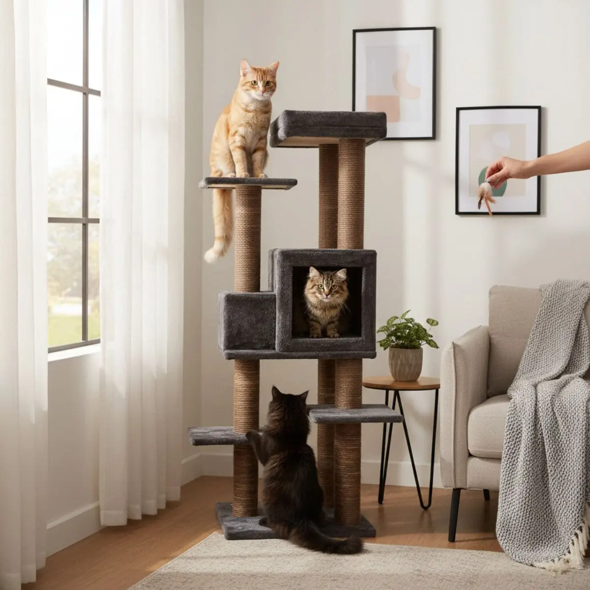 SHAW Zurih, ansamblu de joaca pisici, 7 etaje, 1 casuta, MDF si plus, elemente de zgariat, elemente atarnate, maro, 55x80x150cm - Image 5