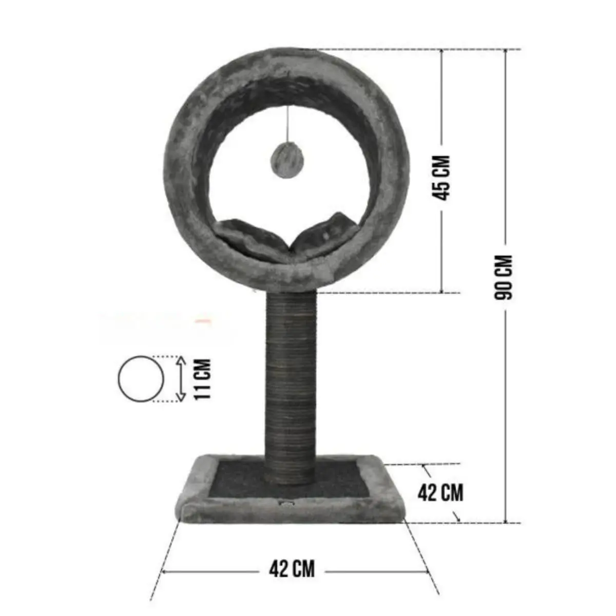 SHAW Bordo, ansamblu de joaca pisici, 1 etaj, MDF si plus, elemente de zgariat, elemente atarnate, gri, 42x42x90cm - Image 3