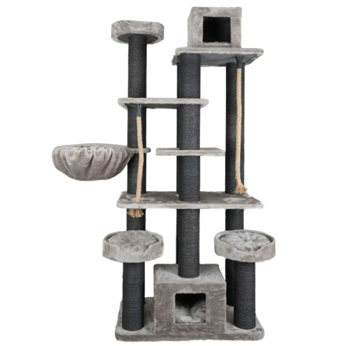 SHAW Los Angeles, ansamblu de joaca pisici, 7 etaje, 2 casute, MDF si plus, elemente de zgariat, elemente hamac, gri, 55x135x205cm