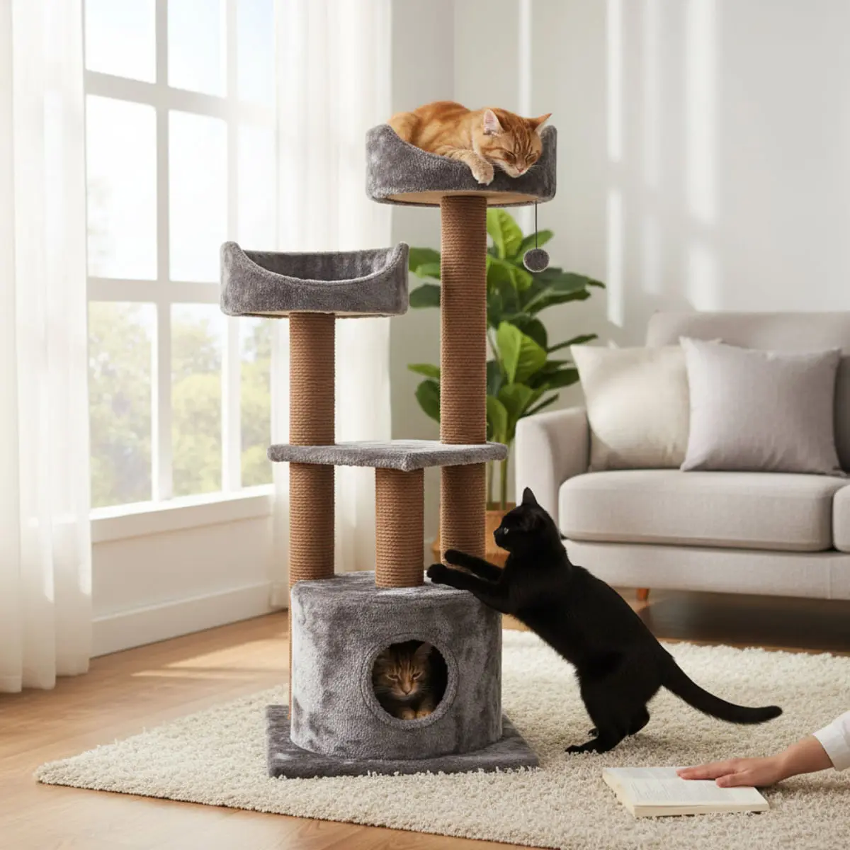 SHAW Warsaw, ansamblu de joaca pisici, 3 etaje, 1 casuta, MDF si plus, elemente de zgariat, maro, 65x80x130cm - Image 3