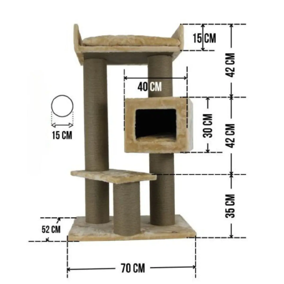 SHAW Toulouse, ansamblu de joaca pisici, 3 etaje, 1 casuta, MDF si plus, elemente de zgariat, bej, 70x70x120cm - Image 3