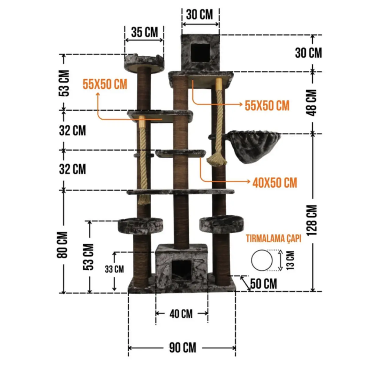 SHAW Los Angeles, ansamblu de joaca pisici, 7 etaje, 2 casute, MDF si plus, elemente de zgariat, elemente hamac, gri, 55x135x205cm - Image 3