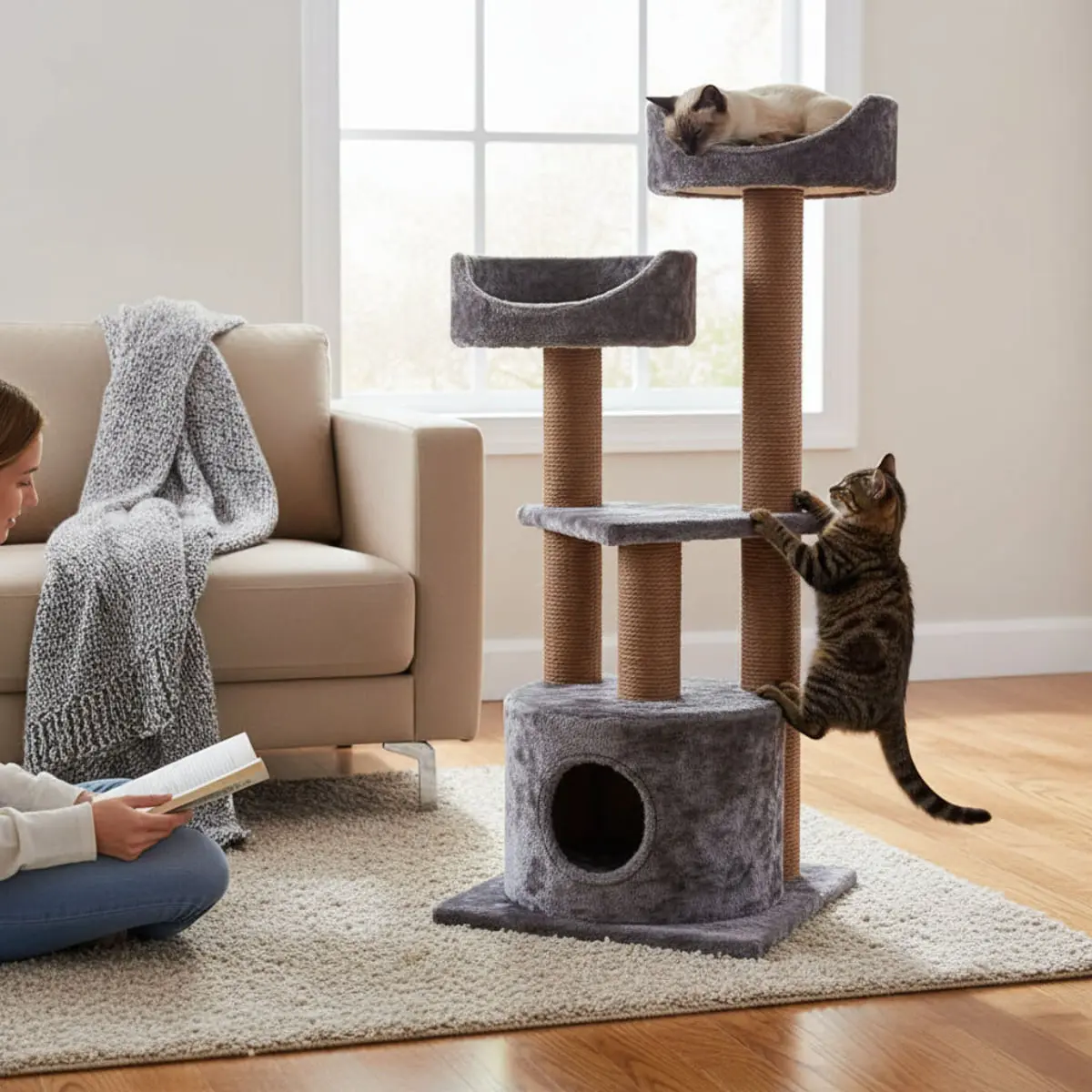 SHAW Warsaw, ansamblu de joaca pisici, 3 etaje, 1 casuta, MDF si plus, elemente de zgariat, maro, 65x80x130cm - Image 4