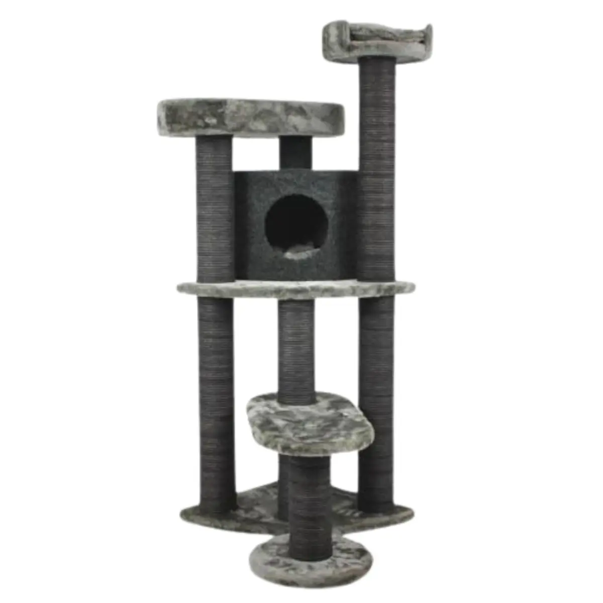SHAW Roma, ansamblu de joaca pisici, 4 etaje, 1 casuta, MDF si plus, elemente de zgariat, gri, 60x60x134cm