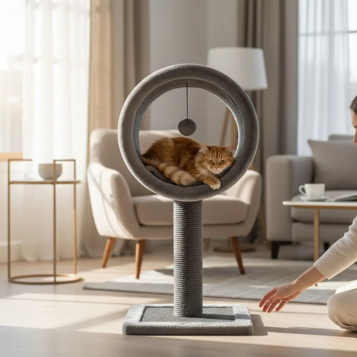 SHAW Bordo, ansamblu de joaca pisici, 1 etaj, MDF si plus, elemente de zgariat, elemente atarnate, gri, 42x42x90cm - Image 6