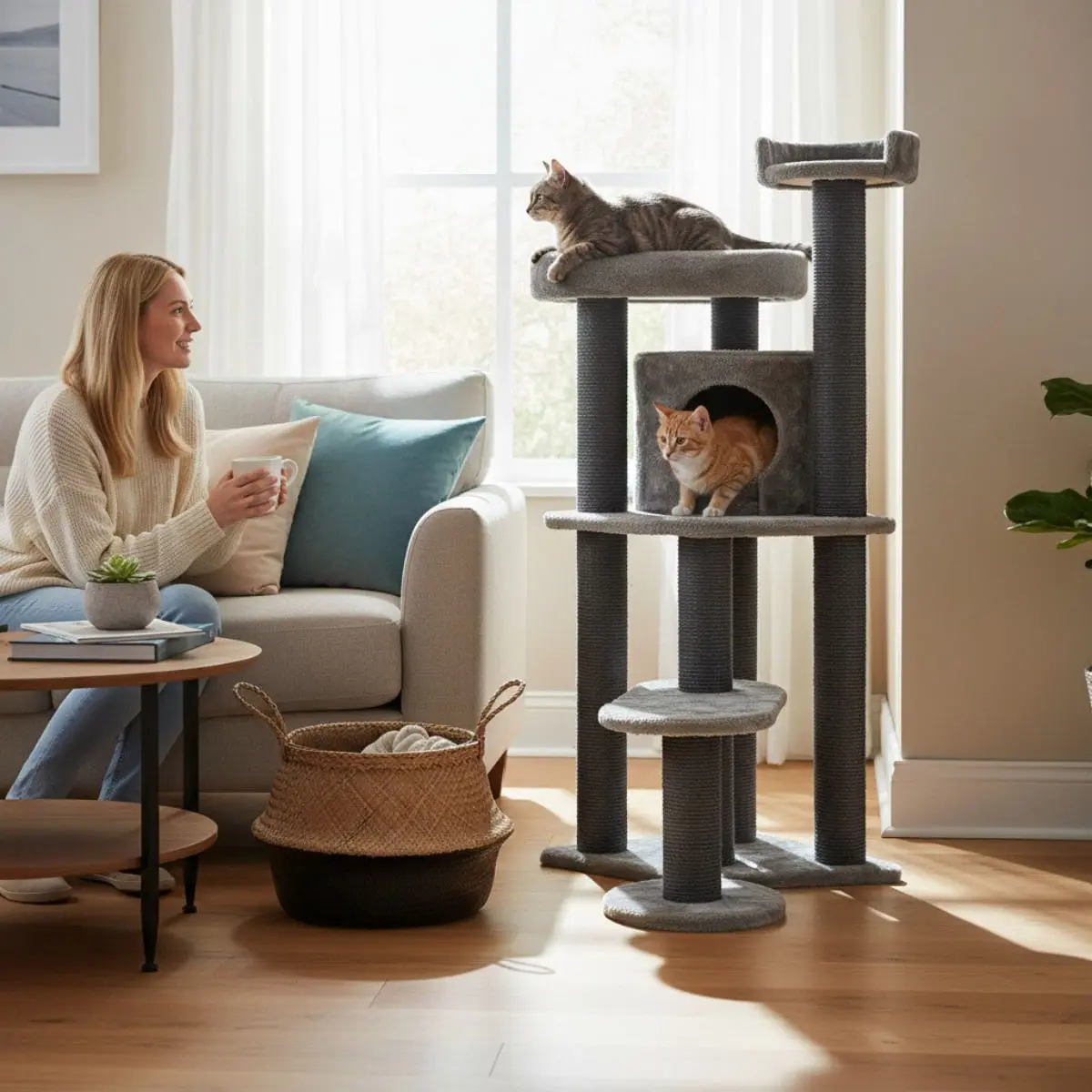 SHAW Roma, ansamblu de joaca pisici, 4 etaje, 1 casuta, MDF si plus, elemente de zgariat, gri, 60x60x134cm - Image 3