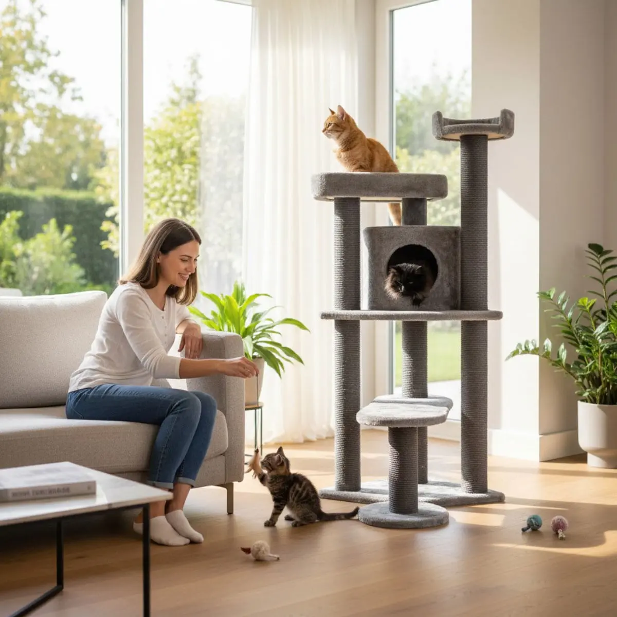 SHAW Roma, ansamblu de joaca pisici, 4 etaje, 1 casuta, MDF si plus, elemente de zgariat, gri, 60x60x134cm - Image 4