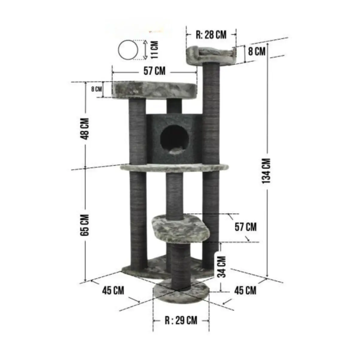 SHAW Roma, ansamblu de joaca pisici, 4 etaje, 1 casuta, MDF si plus, elemente de zgariat, gri, 60x60x134cm - Image 5