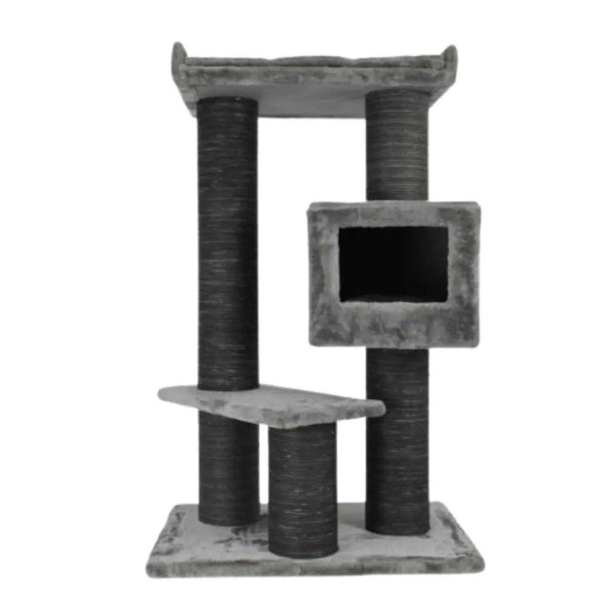 SHAW Toulouse, ansamblu de joaca pisici, 3 etaje, 1 casuta, MDF si plus, elemente de zgariat, gri, 70x70x120cm