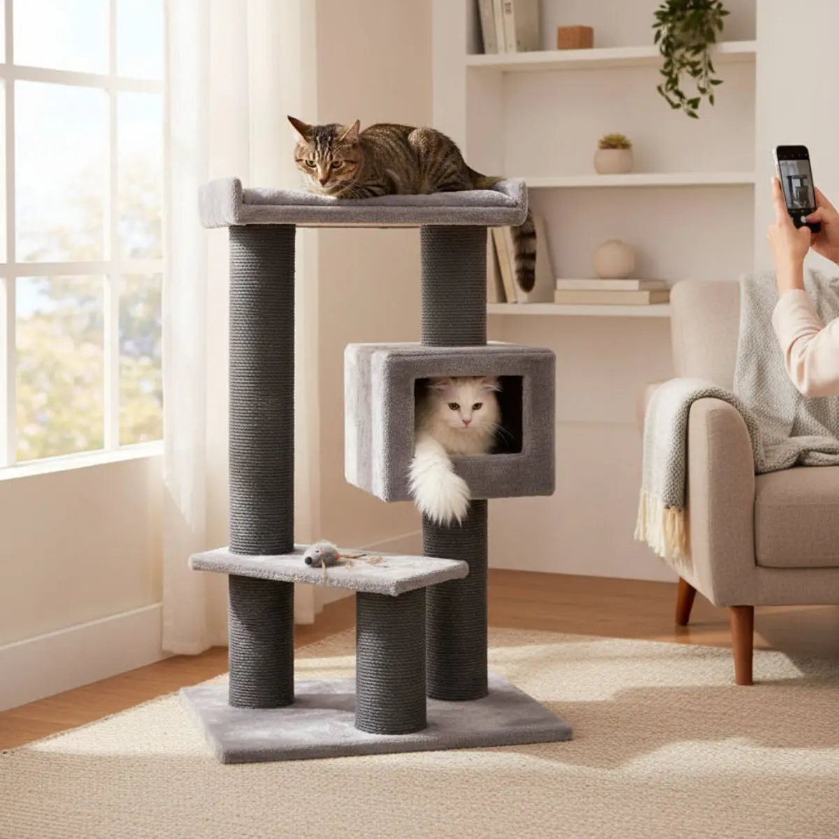 SHAW Toulouse, ansamblu de joaca pisici, 3 etaje, 1 casuta, MDF si plus, elemente de zgariat, gri, 70x70x120cm - Image 3