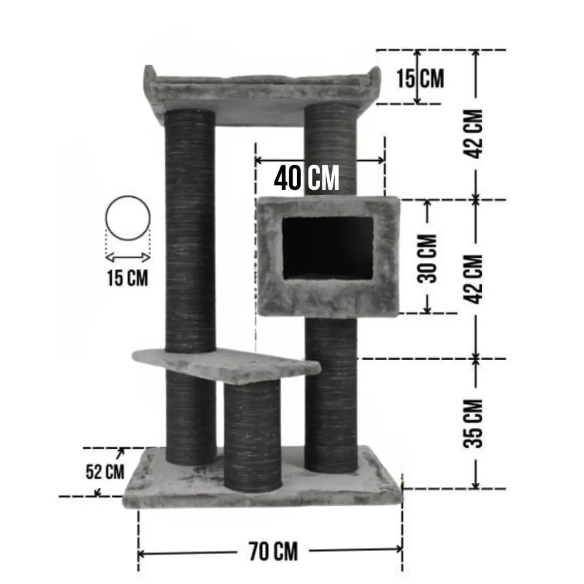 SHAW Toulouse, ansamblu de joaca pisici, 3 etaje, 1 casuta, MDF si plus, elemente de zgariat, gri, 70x70x120cm - Image 4
