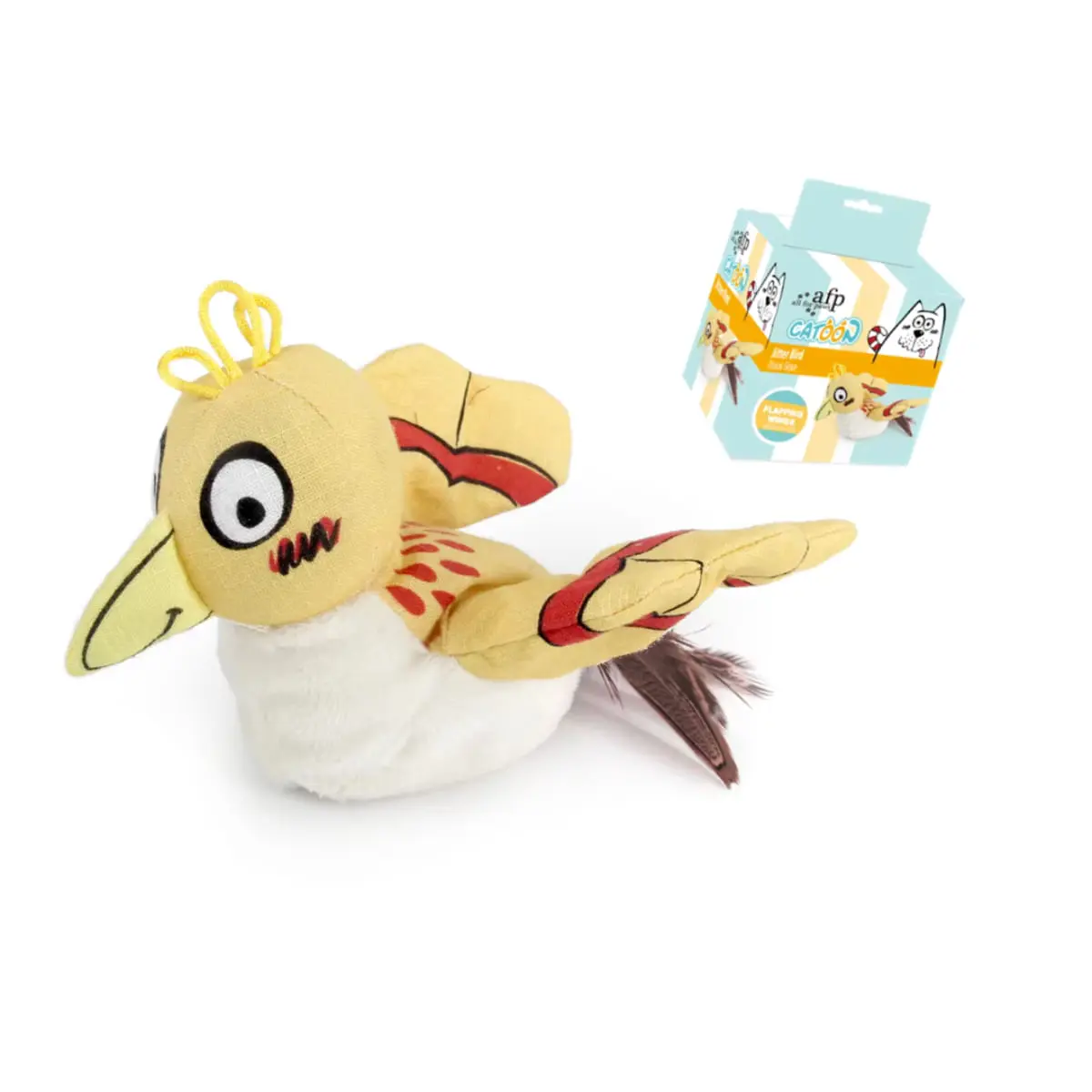 SHAW Pasare cu Aripi Batante & Pene Naturale, jucarie interactiva pisici, inteligente, cu sunet, textil, galben, 17x20x7cm, 1buc - Image 2