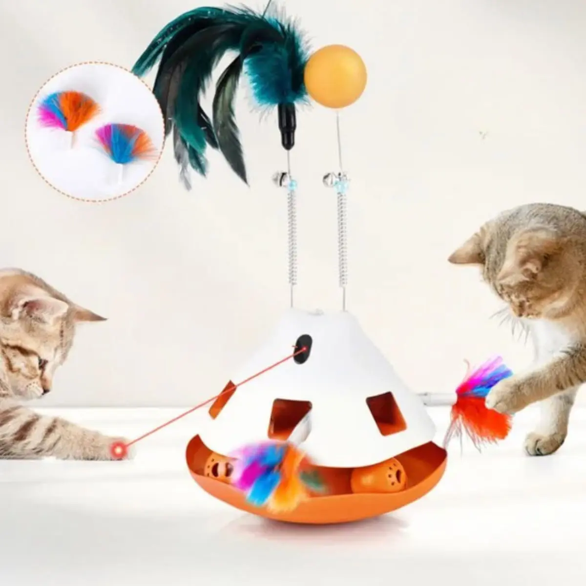 SHAW 3-in-1 Laser & Bila & Pene & 4 Moduri de Viteza, jucarie interactiva pisici, inteligente, plastic, alb si portocaliu, 1buc - Image 3