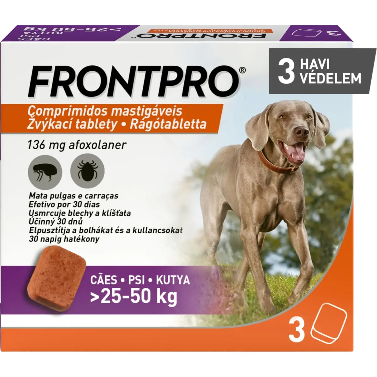 FRONTPRO, deparazitare externa caini, comprimate masticabile FRONTPRO, deparazitare externa caini, XL(25 - 50kg), comprimate masticabile, 136mg x 3buc