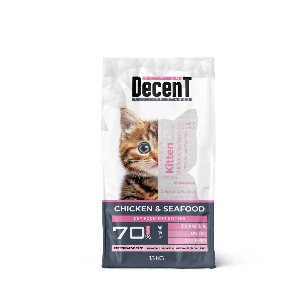 DECENT Kitten Healthy Growth, Pui si Fructe de Mare, hrana uscata pisici junior, 15kg