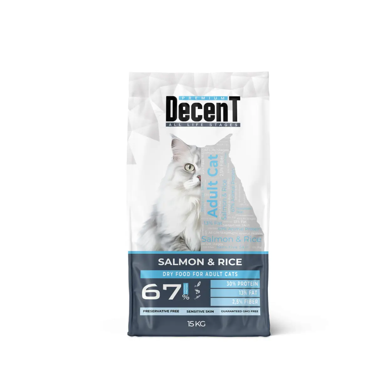 DECENT Sensitive Skin, Somon si Orez, hrana uscata pisici, piele & blana, 15kg