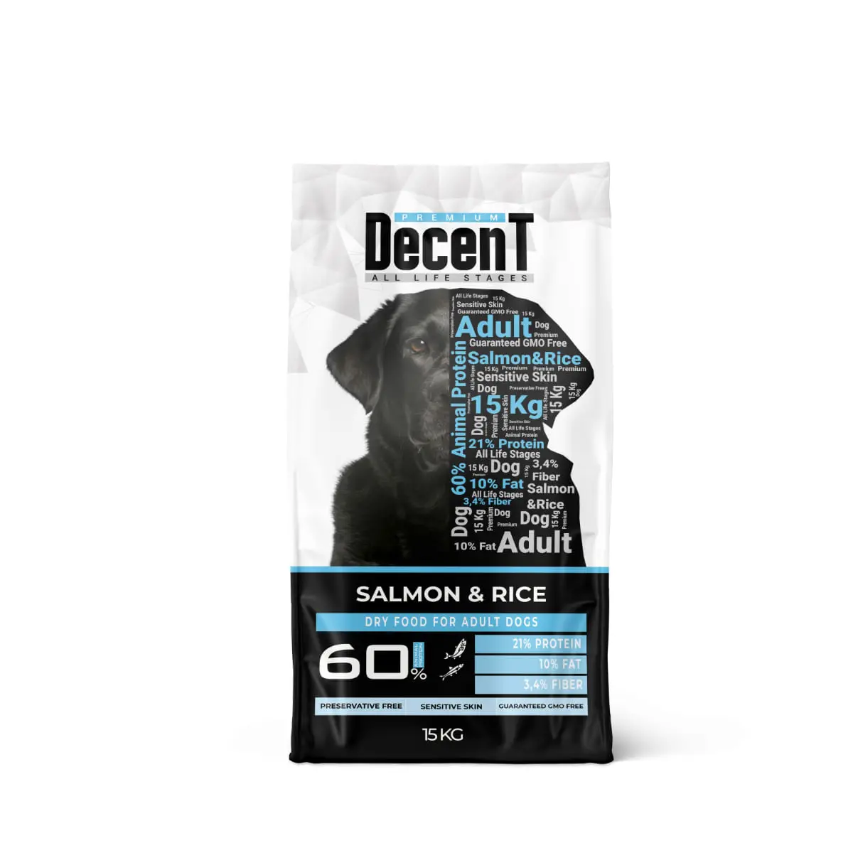 DECENT Sensitive Skin, XS-XL, Somon si Orez, hrana uscata caini, piele & blana, 15kg - Image 2