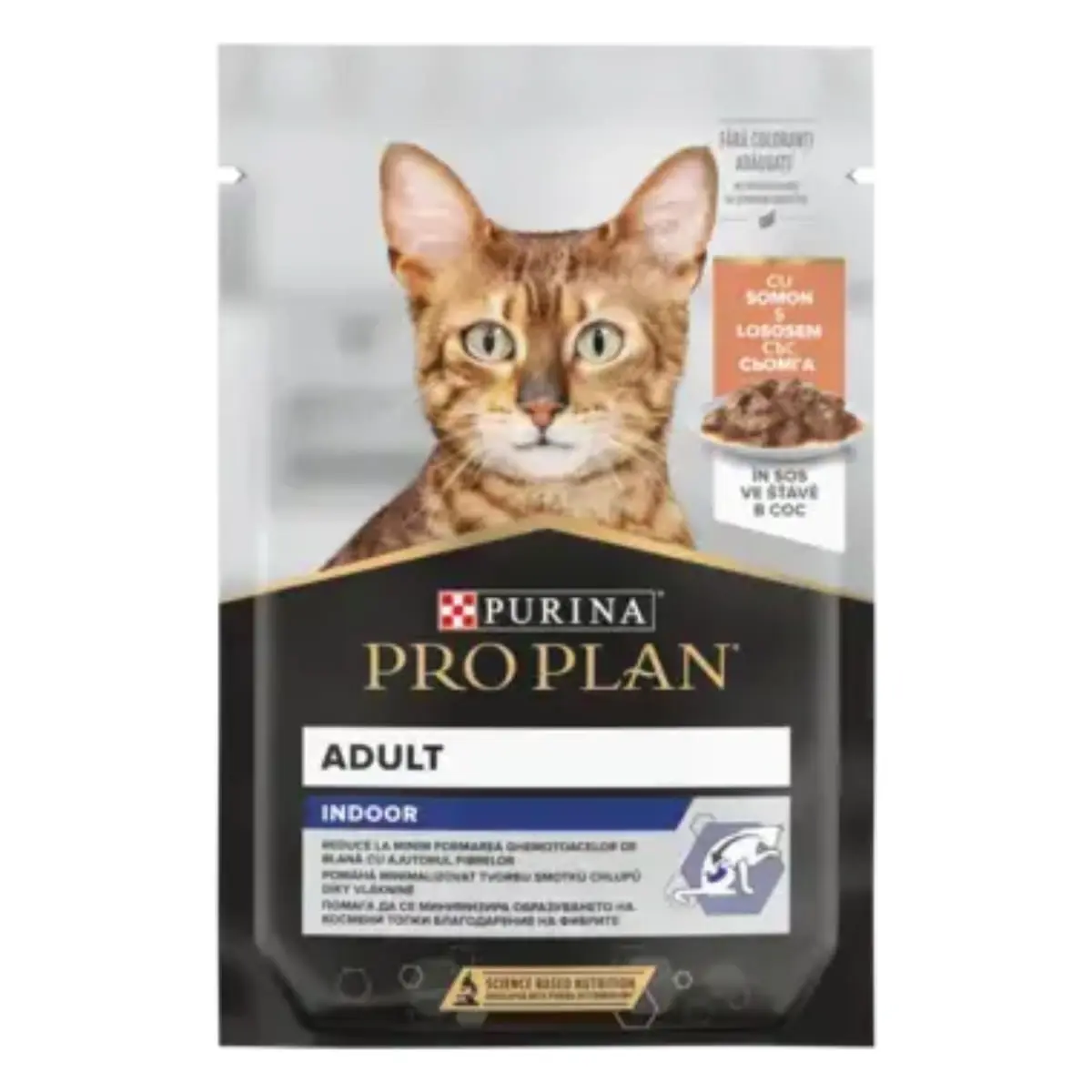 PURINA Pro Plan Indoor, Somon, plic hrana umeda pisici, limitarea ghemurilor de blana, (in sos), 85g