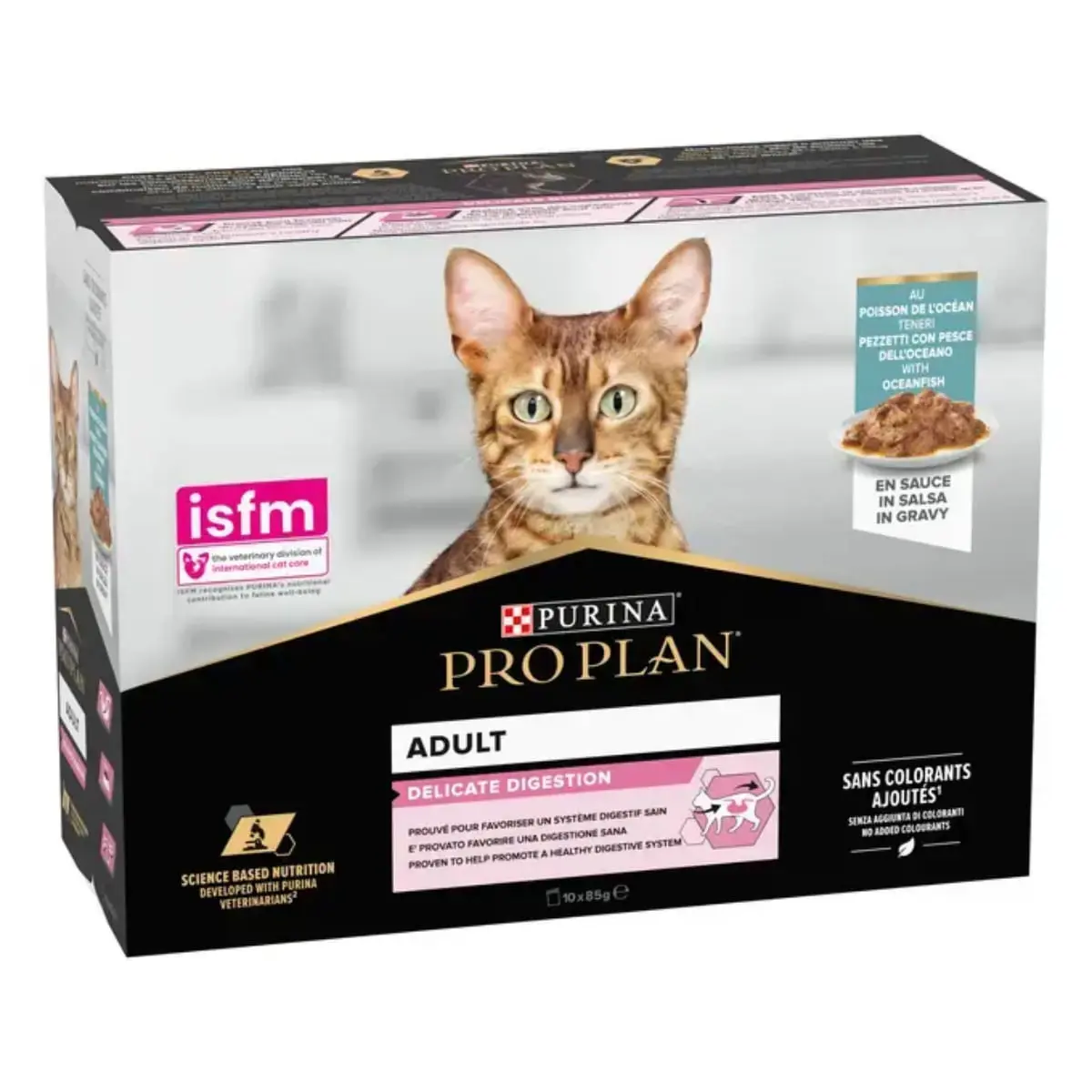 PURINA Pro Plan Delicate Digestion, Peste, plic hrana umeda pisici, sistem digestiv, (in sos), multipack, 85g x 10buc