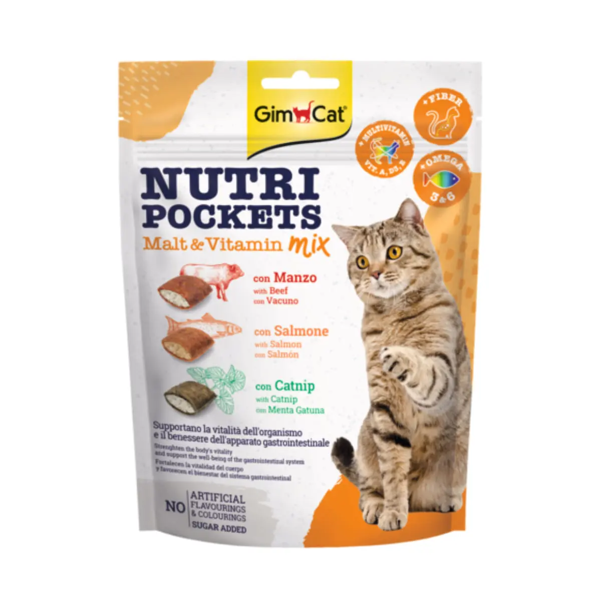 GIMCAT Nutri Pockets Malt & Vitamine Mix, Catnip, Vitel si Somon, punguta recompense functionale pisici, 150g