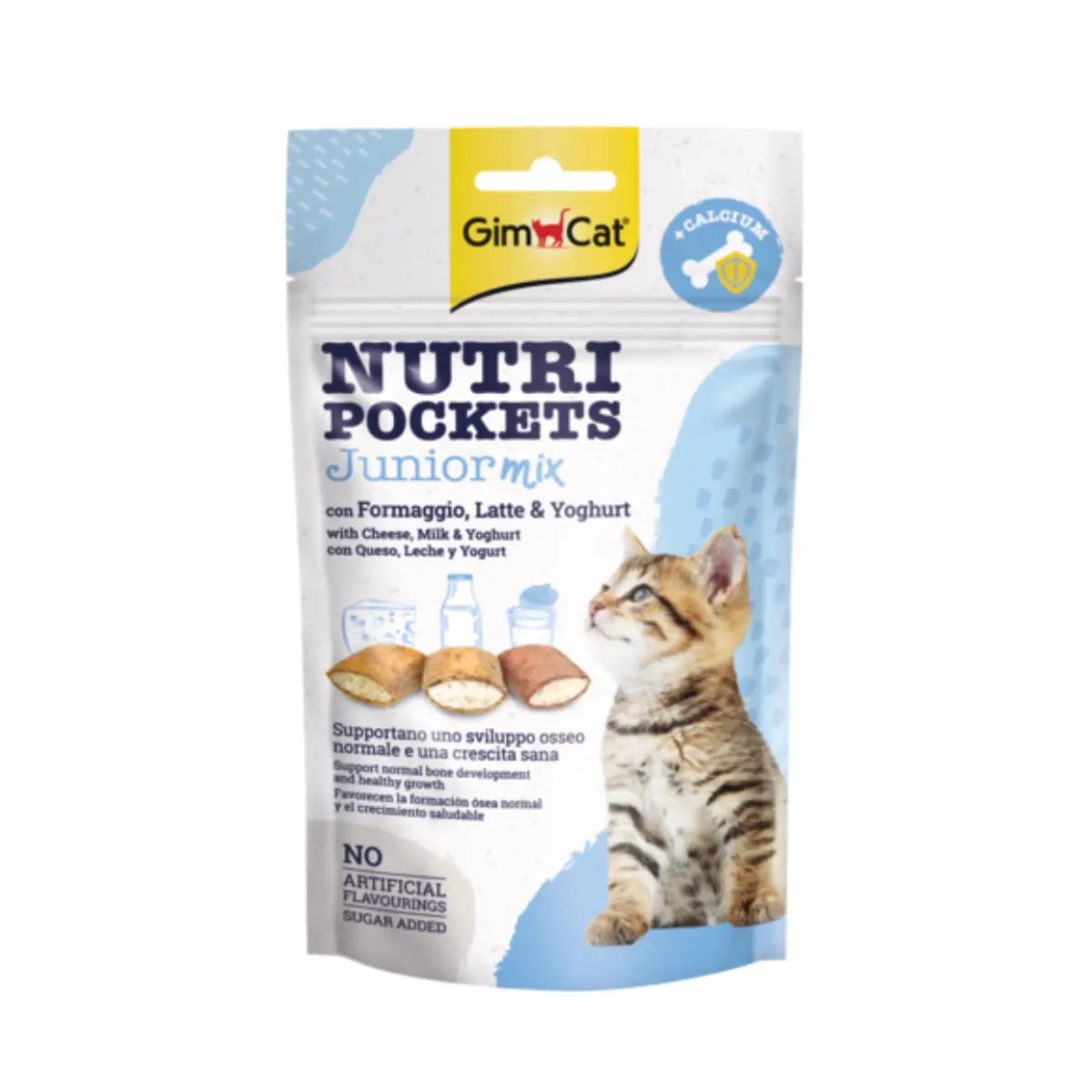 GIMCAT Nutri Pockets Junior Mix, Branza si Lapte, punguta recompense pisici junior, 60g