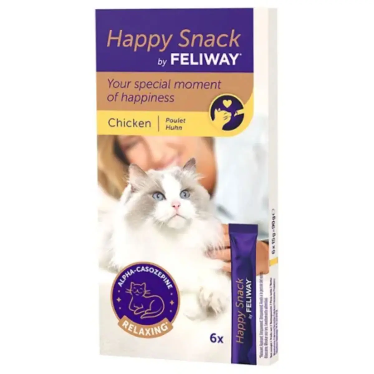 FELIWAY Happy Snack, Pui, plic recompense functionale pisici, sistem nervos & calmante, (topping), 15g x 6buc