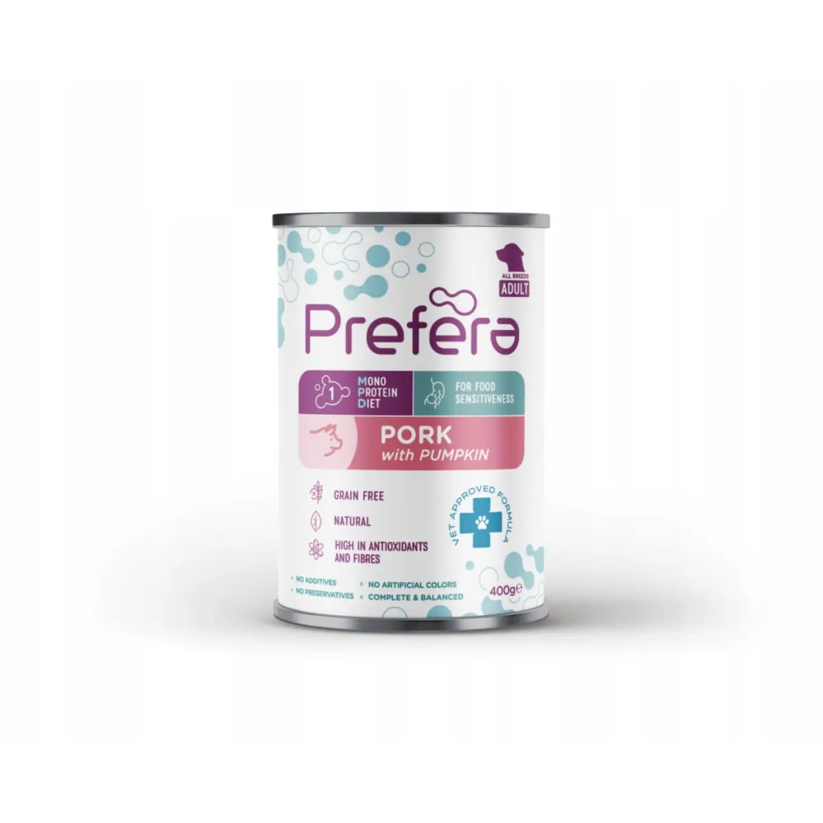 PREFERA MPD, XS-XL, Porc si dovleac, dieta veterinara, conserva hrana umeda monoproteica fara cereale caini, (in suc propriu), 400g - Image 2