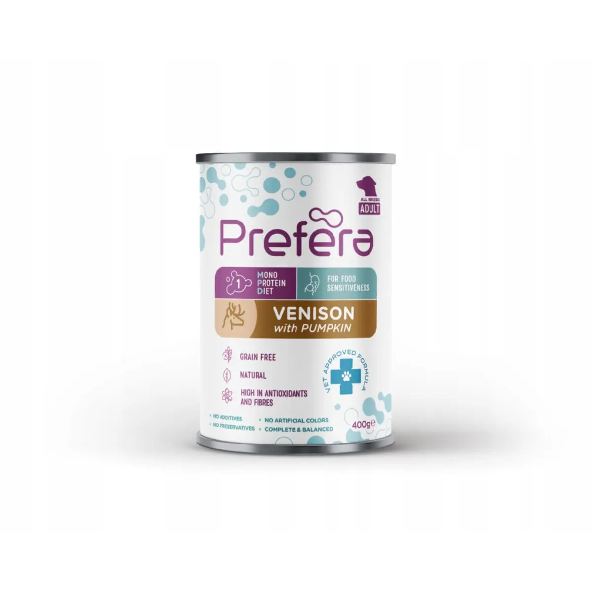 PREFERA MPD, XS-XL, Caprioara si dovleac, dieta veterinara, conserva hrana umeda monoproteica fara cereale caini, (in suc propriu), 400g