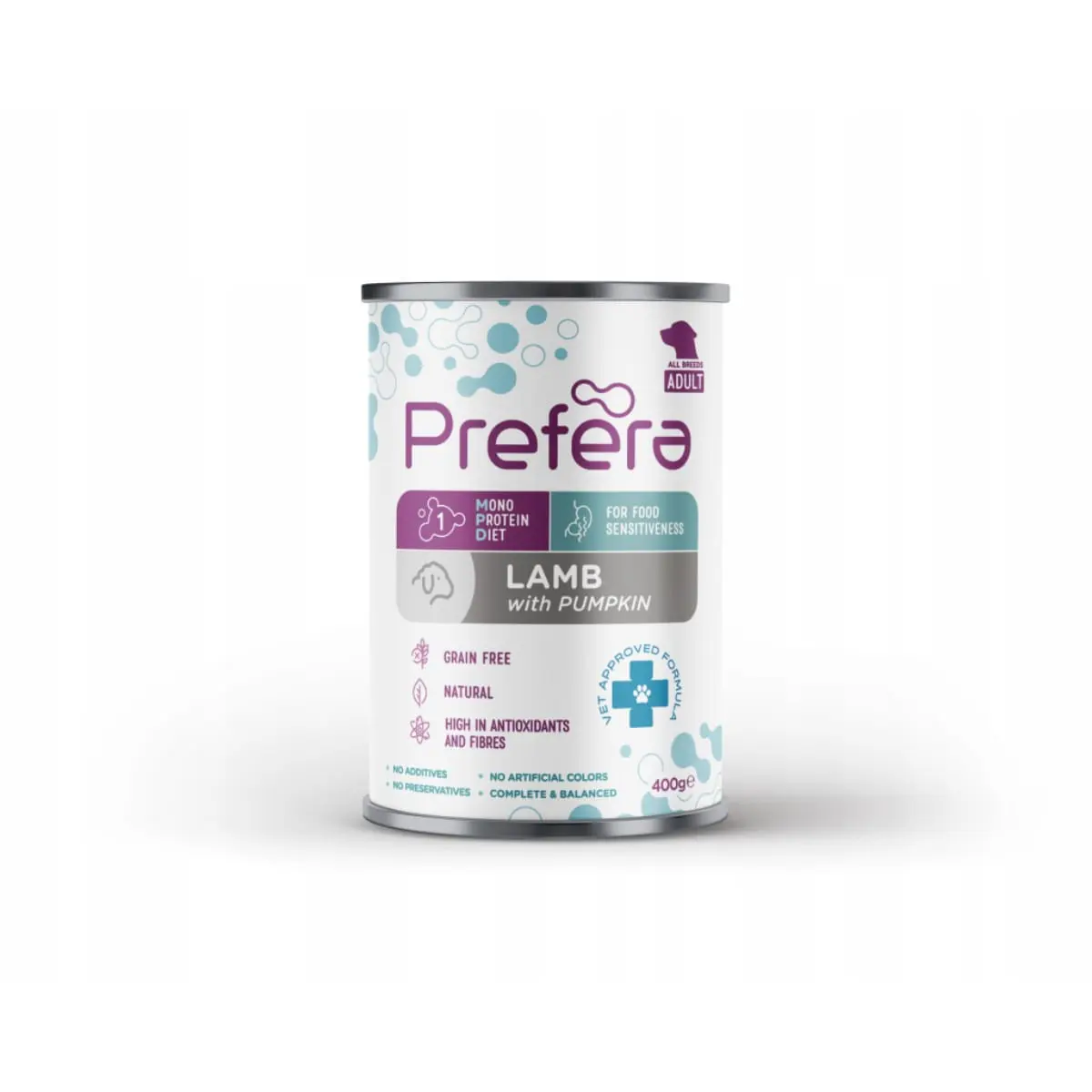 PREFERA MPD, XS-XL, Miel si dovleac, dieta veterinara, conserva hrana umeda monoproteica fara cereale caini, (in suc propriu), 400g