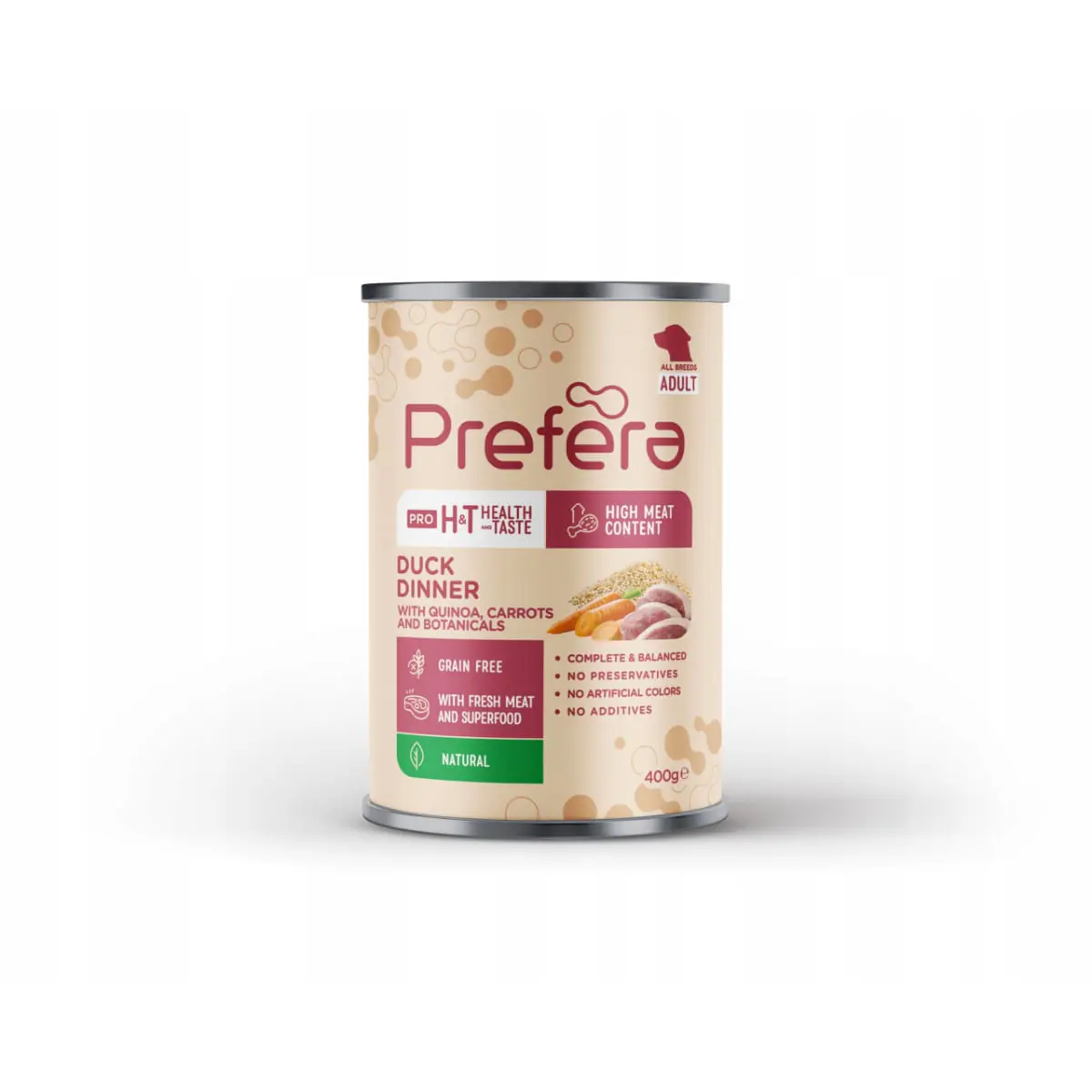 PREFERA Pro H&T Dinner, XS-XL, Rata si Quinoa, conserva hrana umeda fara cereale caini, (pate), 400g