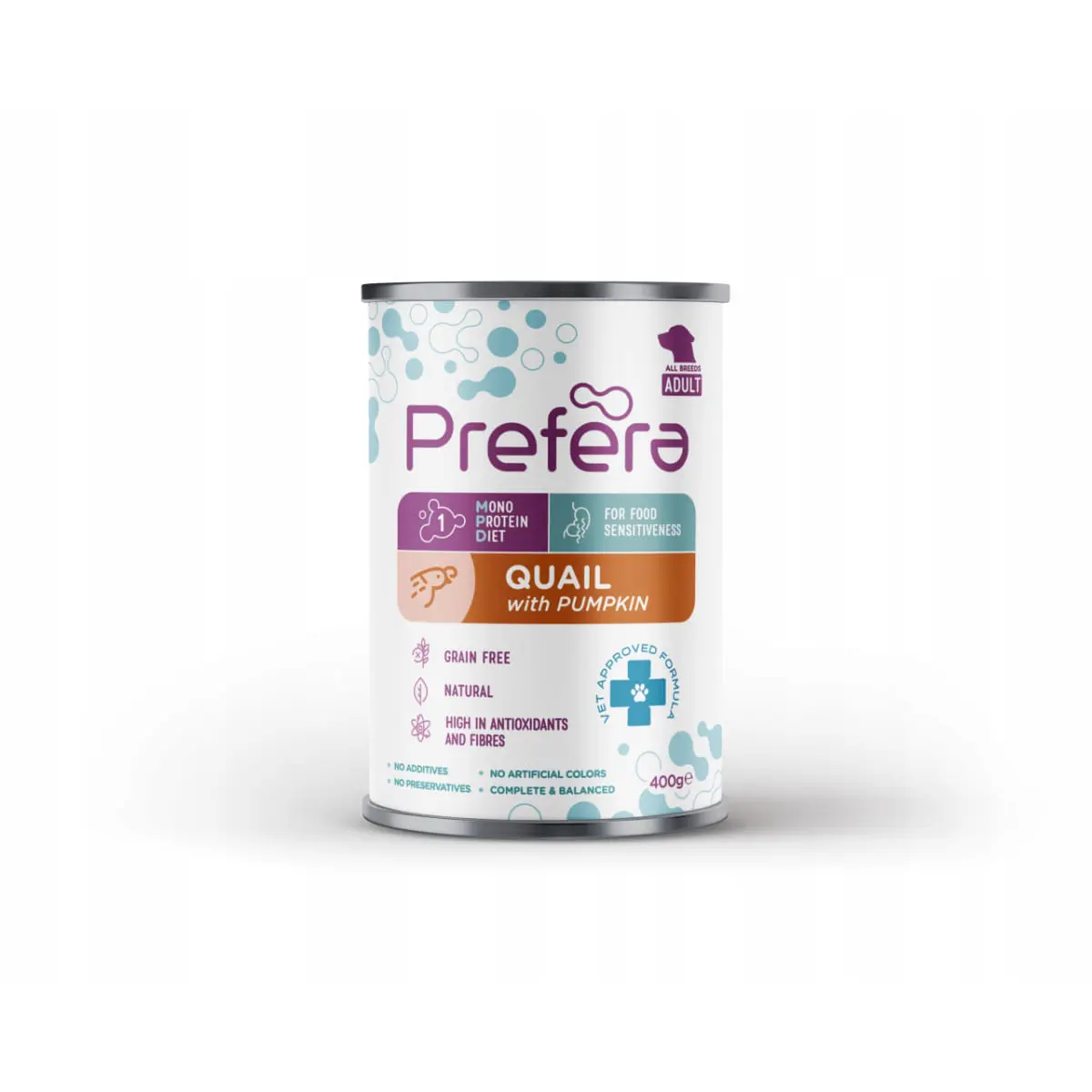 PREFERA MPD, XS-XL, Prepelita si dovleac, dieta veterinara, conserva hrana umeda monoproteica fara cereale caini, (in suc propriu), 400g