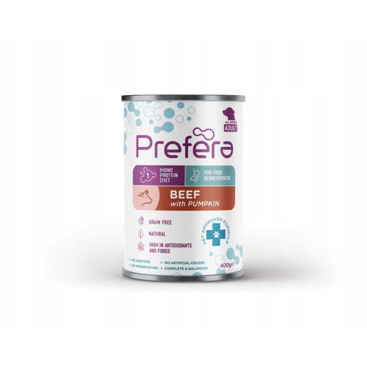 PREFERA MPD, XS-XL, Vita si dovleac, dieta veterinara, conserva hrana umeda monoproteica fara cereale caini, (in suc propriu), 400g