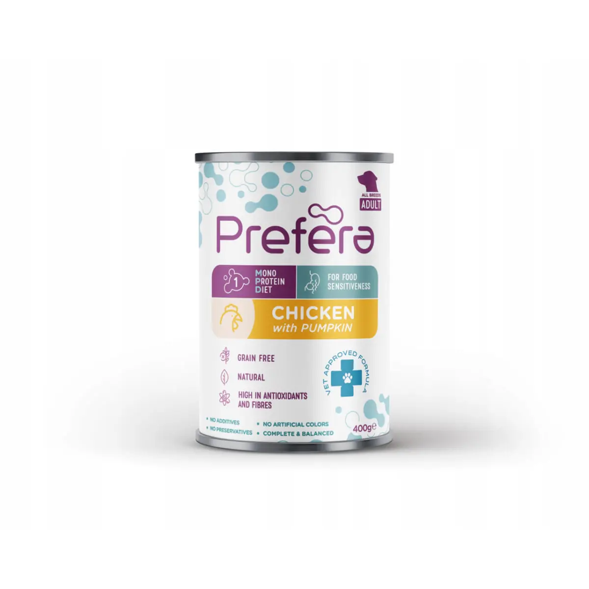 PREFERA MPD, XS-XL, Pui si dovleac, dieta veterinara, conserva hrana umeda monoproteica fara cereale caini, (in suc propriu), 400g - Image 2