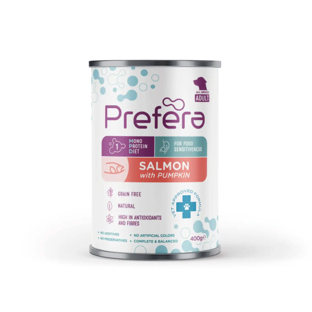 PREFERA MPD, XS-XL, Somon si dovleac, dieta veterinara, conserva hrana umeda monoproteica fara cereale caini, (in suc propriu), 400g - Image 2