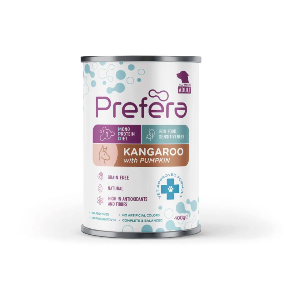 PREFERA MPD XS-XL, Cangur, dieta veterinara, conserva hrana umeda monoproteica fara cereale caini, (in suc propriu), 400g