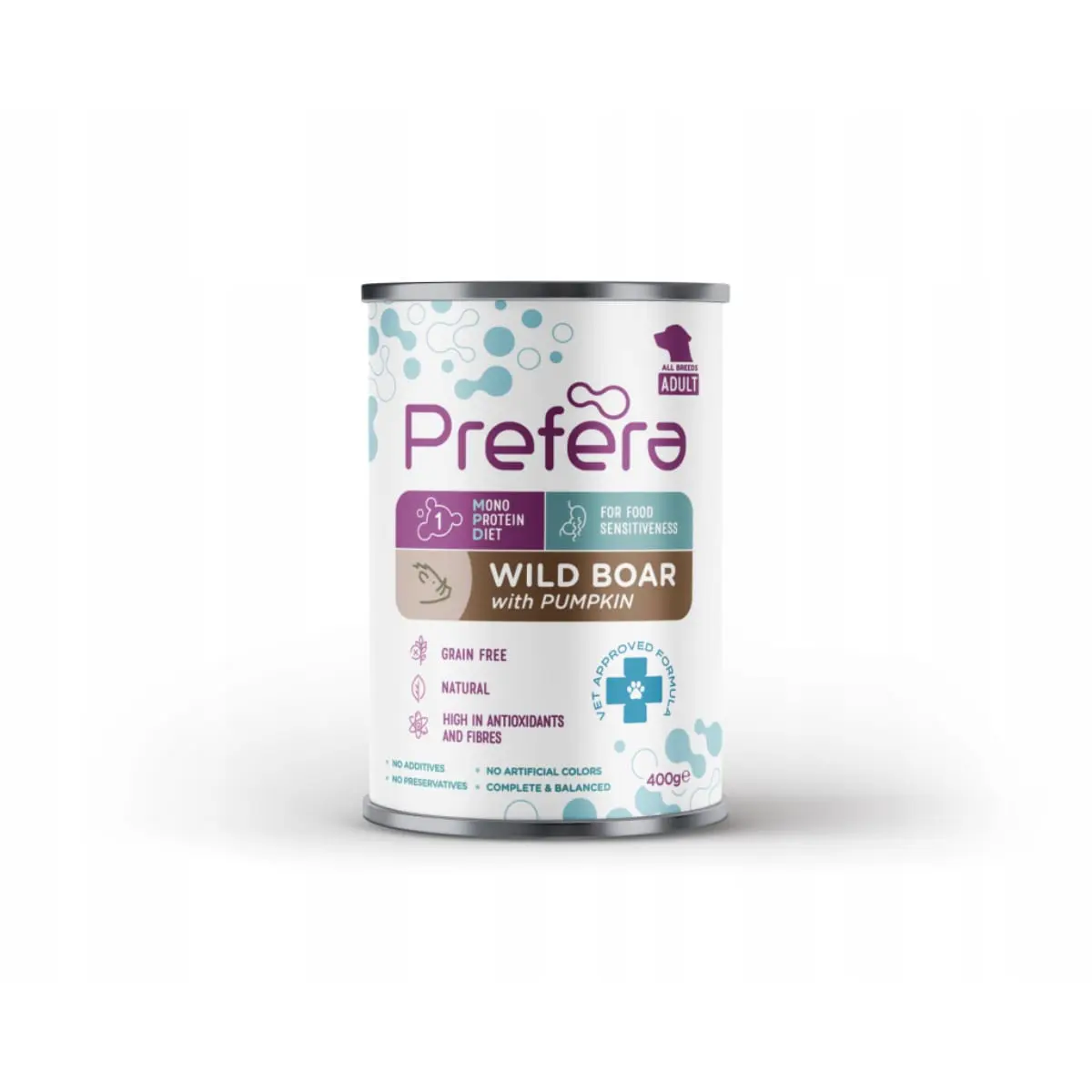 PREFERA MPD, XS-XL, Mistret si dovleac, dieta veterinara, conserva hrana umeda monoproteica fara cereale caini, (in suc propriu), 400g