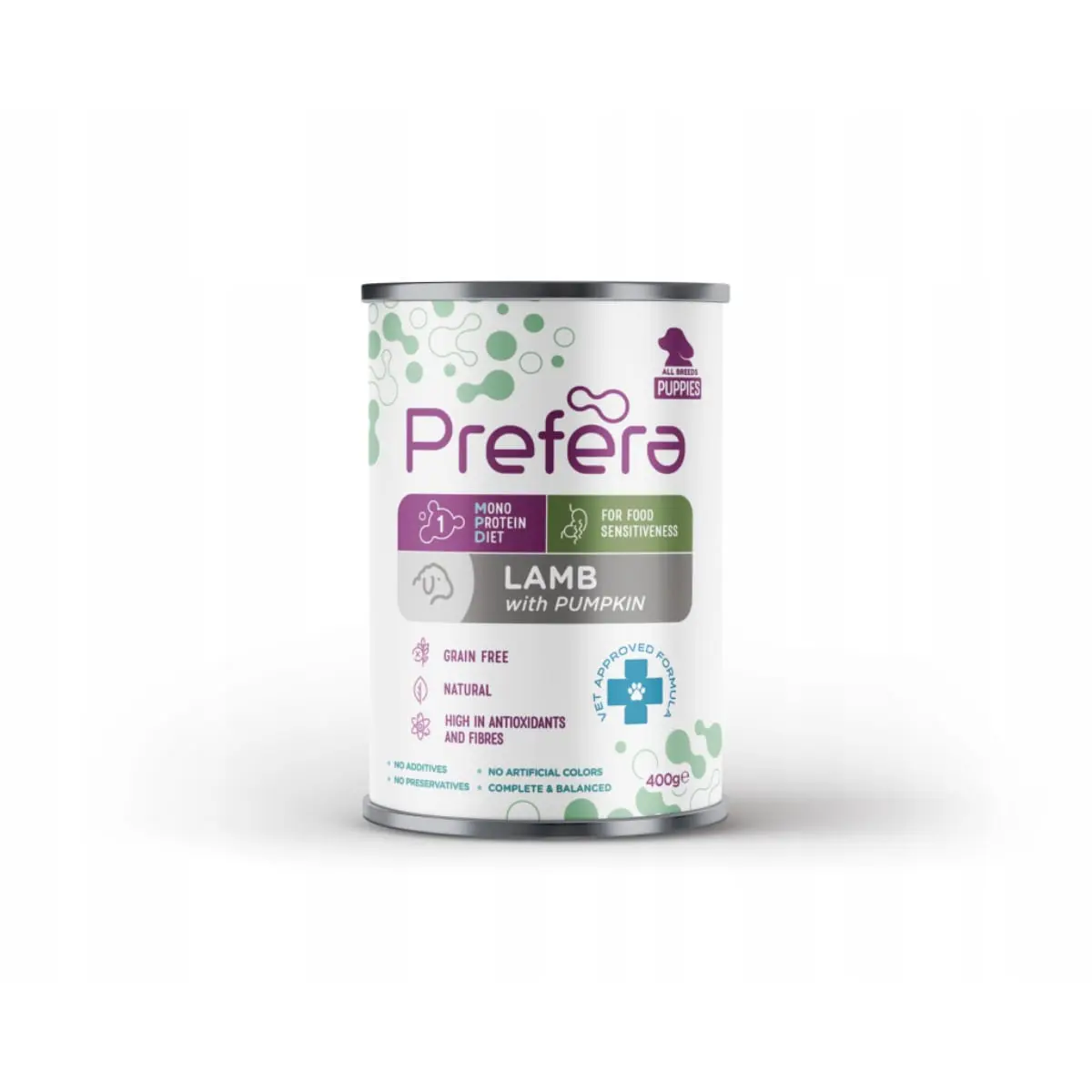 PREFERA MPD Puppies, XS-XL, Miel si dovleac, dieta veterinara, conserva hrana umeda monoproteica fara cereale caini junior, (in suc propriu), 400g