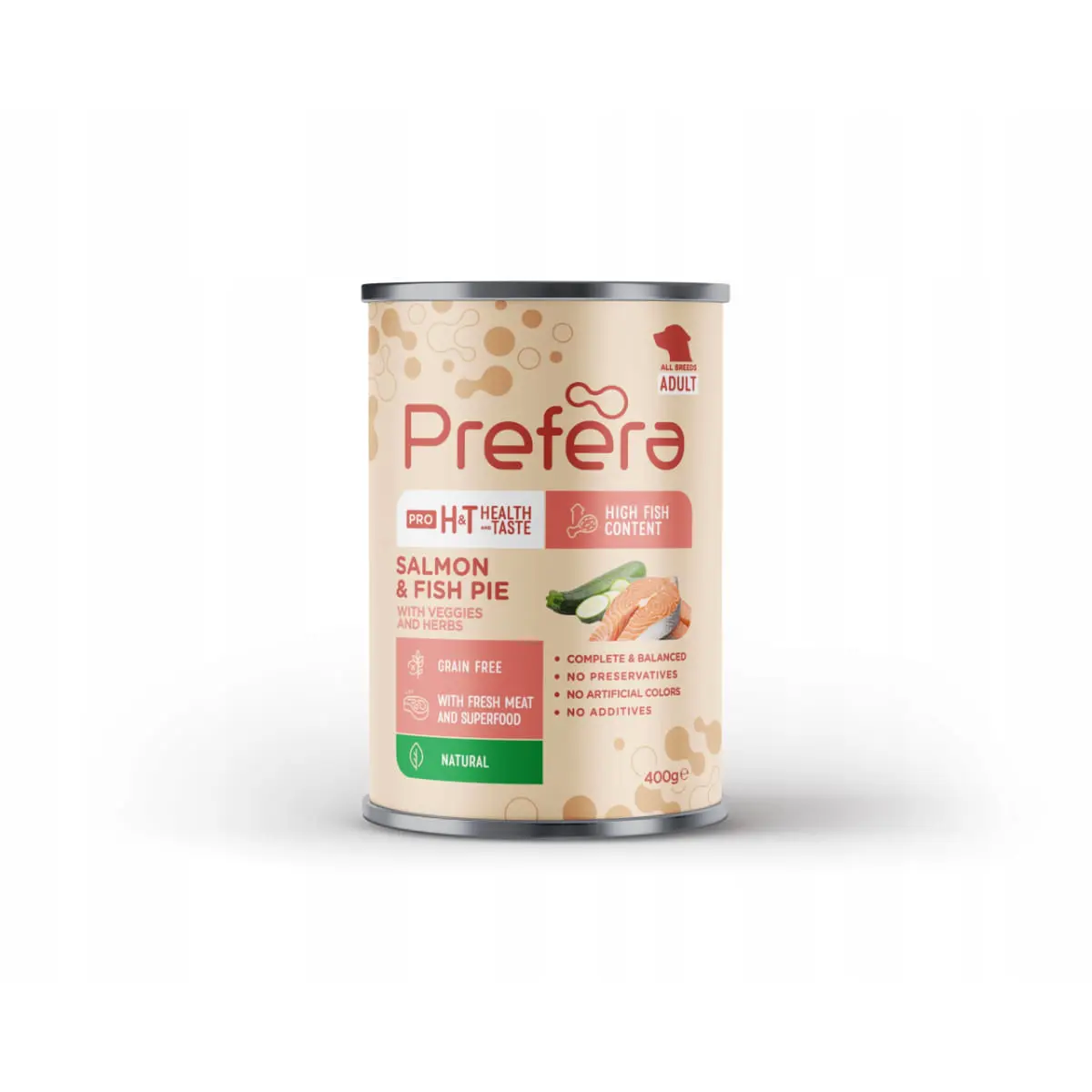 PREFERA Pro H&T Fish Pie, XS-XL, Somon si Zucchini, conserva hrana umeda fara cereale caini, (pate), 400g - Image 2