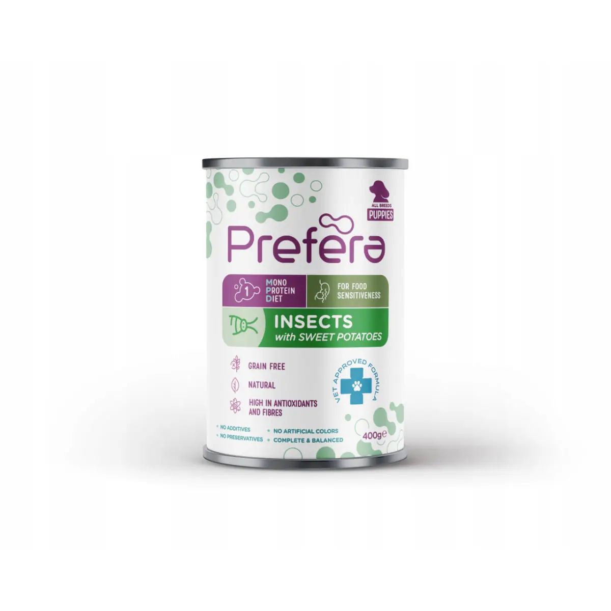 PREFERA MPD Puppies, XS-XL, Insecte, dieta veterinara, conserva hrana umeda monoproteica fara cereale caini junior, (in suc propriu), 400g - Image 2