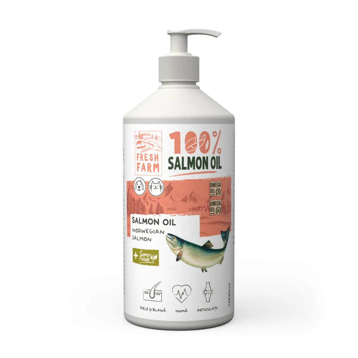 FRESH FARM Ulei de Somon, supliment piele & blana, sistem cardio-vascular caini, ulei FRESH FARM Ulei de Somon, XS-XL, supliment piele & blana, sistem cardio-vascular caini si pisici, flacon, 250ml ulei