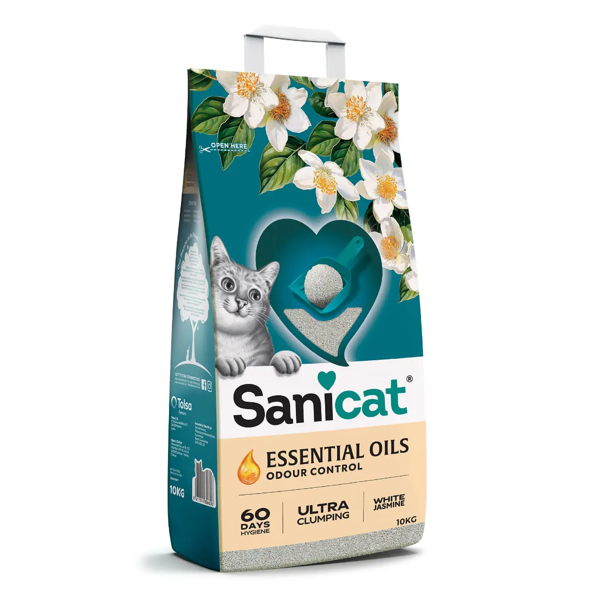 SANICAT Essential Oils Odour Control, Iasomie, asternut igienic pisici, granule, bentonita, aglomerant, neutralizare mirosuri, fara praf, 10kg