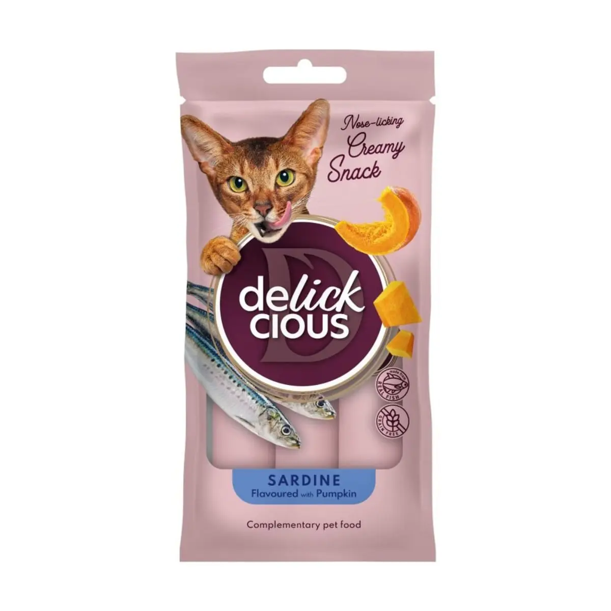 DELICKCIOUS Creamy Snack, Sardine si dovleac, plic recompense pisici, 60g