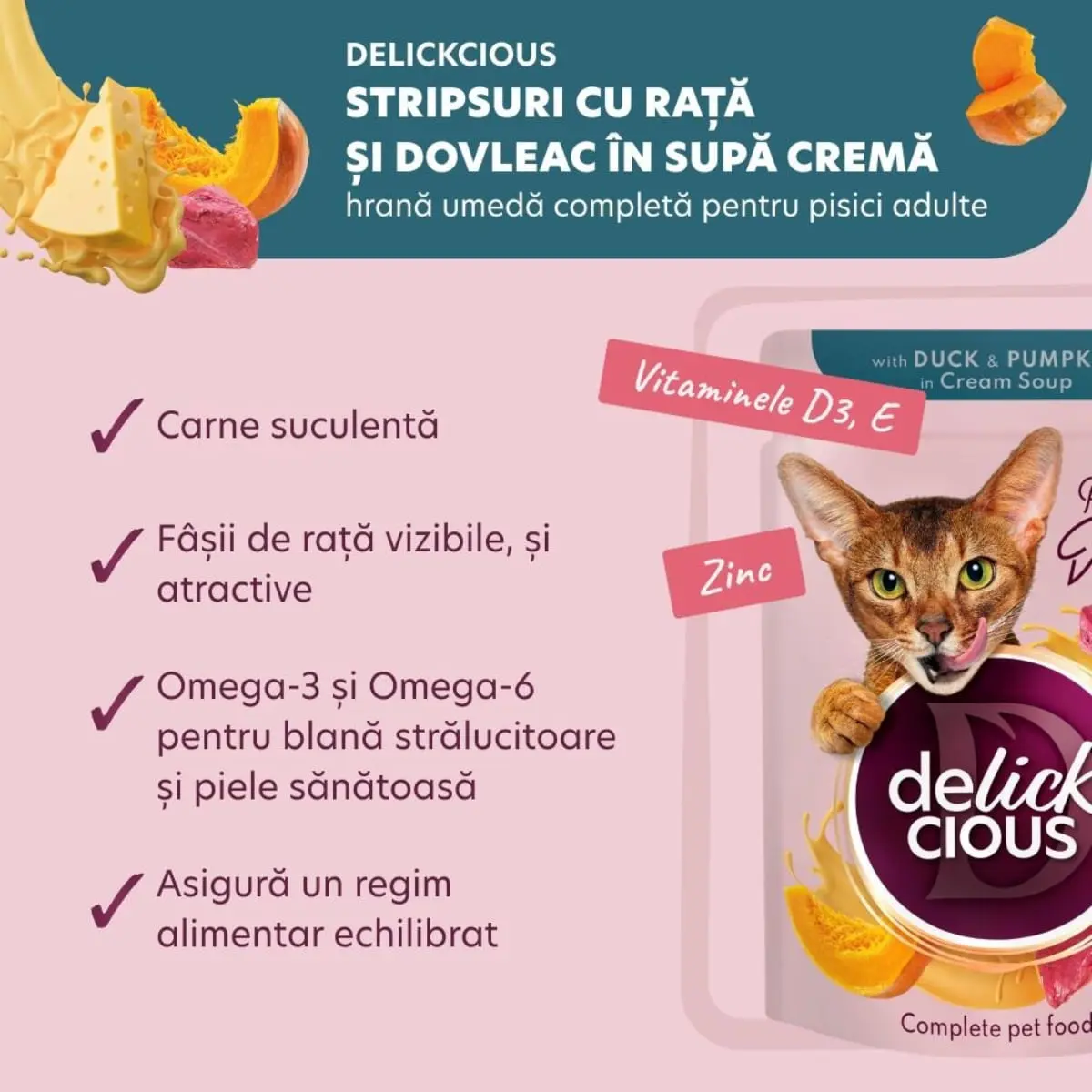 DELICKCIOUS Dinner, Rata si dovleac, plic hrana umeda pisici, (in supa), bax, 85g x 12buc - Image 4