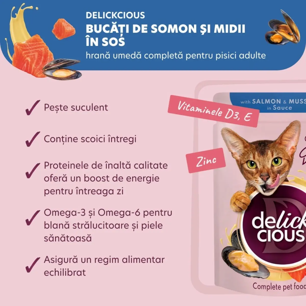DELICKCIOUS Dinner, Somon si Midii, plic hrana umeda pisici, (in sos), bax, 85g x 12buc - Image 4