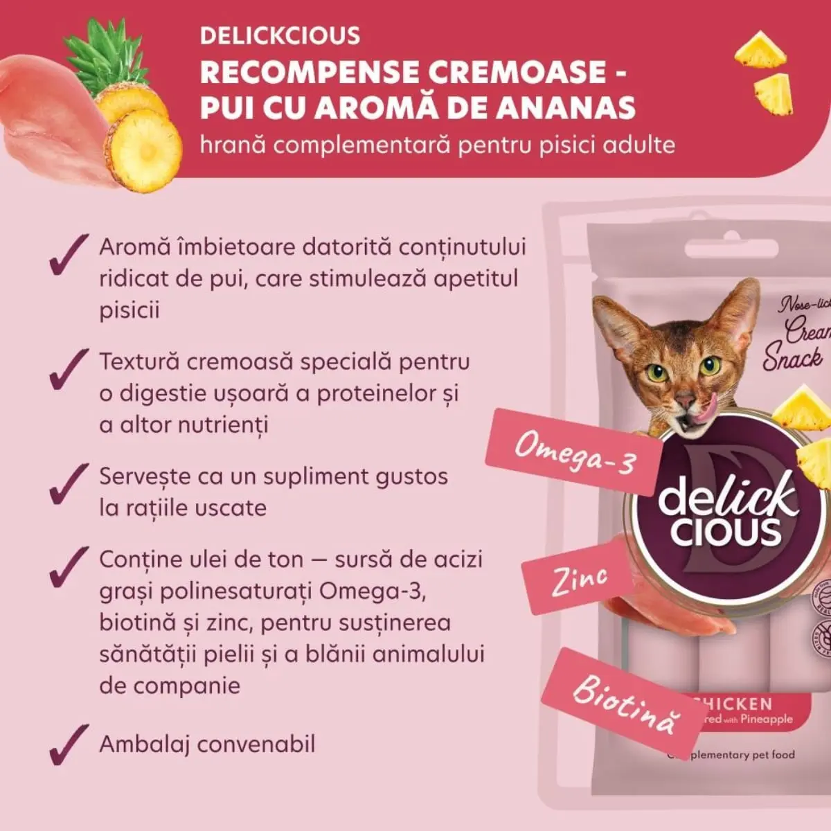 DELICKCIOUS Creamy Snack, Pui si Ananas, plic recompense pisici, 60g - Image 4
